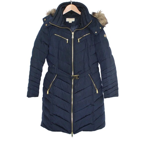 MICHAEL KORS Down Blend Puffer Hooded Belted Mid Length Navy Blue Coat - Large - Picture 1 of 6